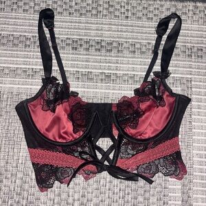 For Love And Lemons Black and Burgundy Lace Satin Balconette Bra